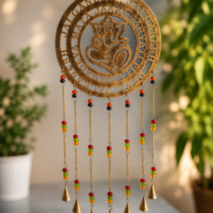 Antique gold Jai Ganesh metal wind chime with Lord Ganesha design, colorful beads, and decorative hanging bells for spiritual home décor.