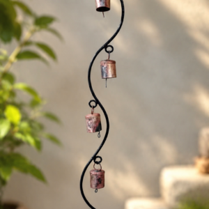 Handcrafted spiral metal wall hanging with antique finish decorative bells for home, balcony, garden, and entrance décor.